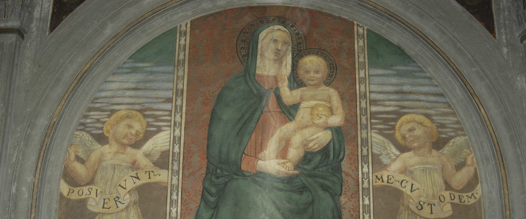Galileo Chini, Madonna con Bambino e due putti ai lati, 1910-1911, Cappella Barocchi,  Cimitero Monumentale, Antella