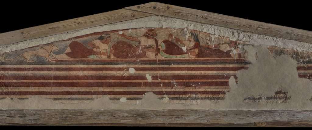 Timpano dipinto della tomba etrusca dalla Villa Tarantola di Tarquinia, VI sec. a.C., Museo Archeologico Nazionale, Firenze