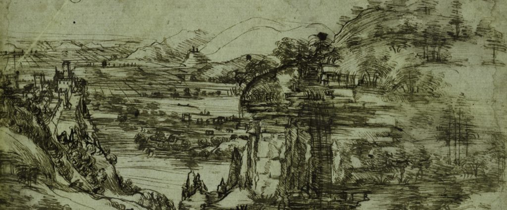 Leonardo da Vinci, Studio di paesaggio, 1473. Gabinetto Disegni e Stampe, Gallerie degli Uffizi, Firenze.